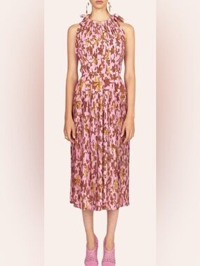 Ulla Johnson Silk Pleated Midi Dress Pink Floral Tie Strap Size 6